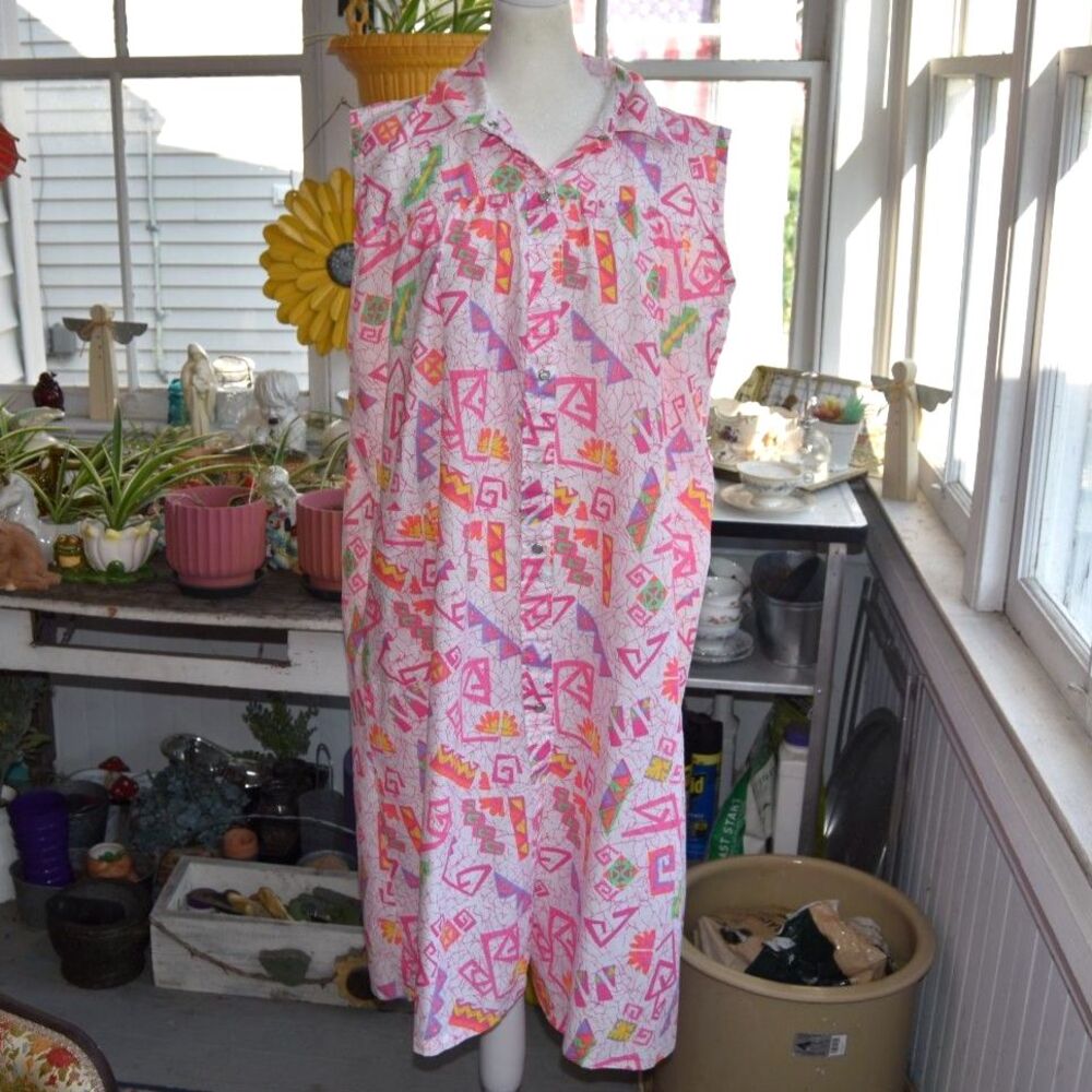 Vintage 80s House Dress Size 16 L Pink Memphis Print Snap Front Duster Midi